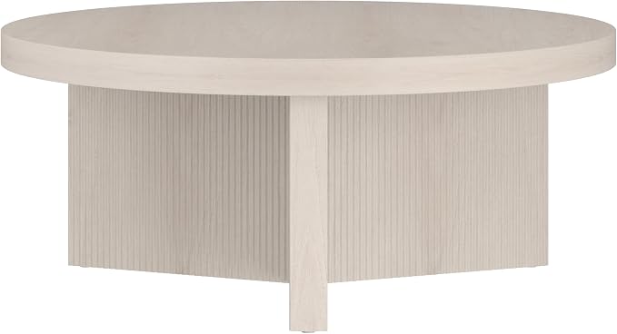 Henn&Hart 36" Fluted Round Low-Profile Coffee Table with Ribbed Pedestal Base for Living Room, Family Room, or Office, Beech White