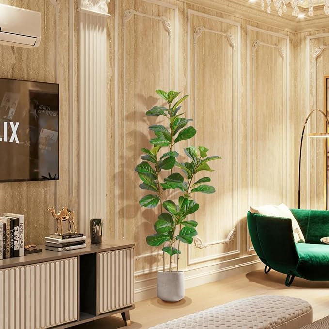 Warmplants 6ft Tall Artificial Fiddle Leaf Fig Tree with White Planter, Faux Ficus Lyrata Tree for Indoor Home Office Living Room Decor