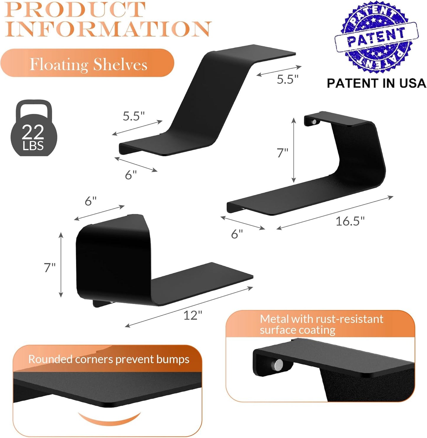 Floating Shelves, Wall Shelf, Set of 3 Wall Mounted Metal Shelves with Unique Design for Wall Storage, Book Shelf, Display Shelves for Bathroom Bedroom Kitchen Living Room for Home Black