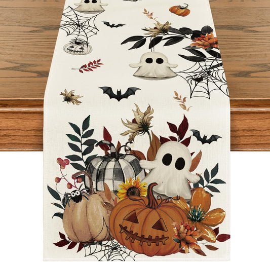 Artoid Mode Pumpkin Ghost Leaves Spider Web 210 GSM Halloween Table Runner, Spooky Kitchen Dining Table Decoration for Home Party Decor 13x108 Inch