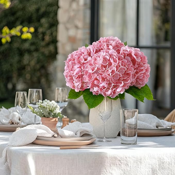4 Pcs Artificial Hydrangea Silk Flowers with Stems, 19.7" Pink Faux Hydrangeas Bouquet, 240 Petals, UV Resistant & Waterproof Fake Flower for Outdoor Wedding Home Decor