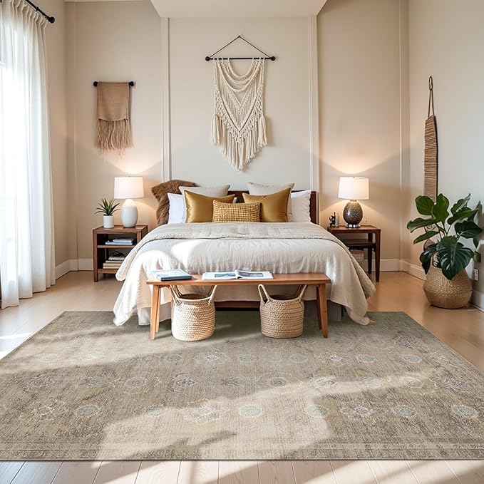 Rugxara 6x9 Area Rugs for Living Room Bedroom, Large Washable Rug, Beige Vintage Retro Boho Rug, Non Slip & Low Pile Faux Wool Thin Carpet for Indoor Dining Room and Kids Room(Beige 6x9ft)
