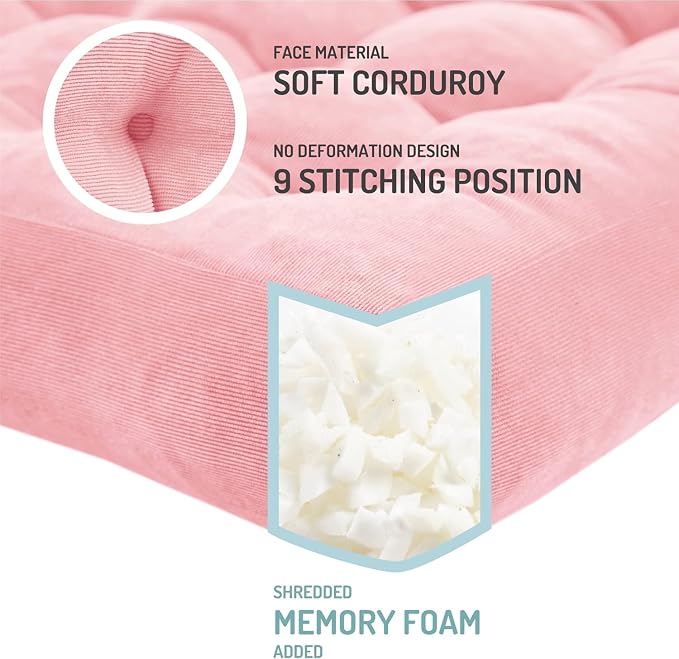 Degrees of Comfort Floor Cushion 6 Pack for Meditation, Home Office & Studio – Corduroy Soft Seating Set, 22 Inch, High-Density Foam, Square Shape, Pink