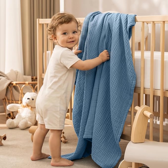PHF 100% Cotton Muslin Blanket Twin XL Size 66"x90", 4-Layer Lightweight Gauze Throw, Breathable Cloud-Soft Minimalist Blanket for Bed, Couch, Camping & Baby, Denim Blue, Ideal Gift