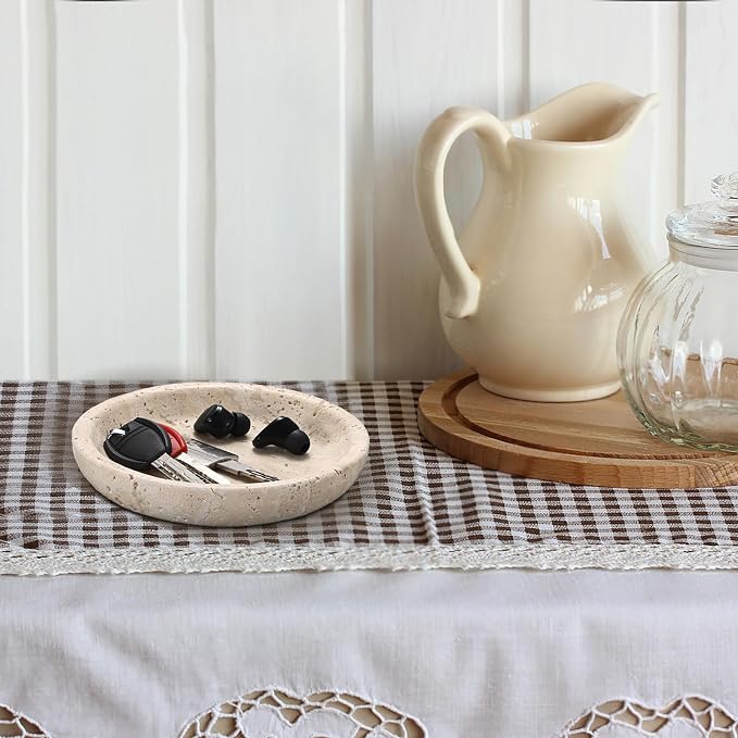 Travertine Jewelry Tray Round Trinket Dish Vintage Decorative Tray Entry Table Nightstand Bowl for Display Rings Earrings Necklace Key Organizer Home Decor