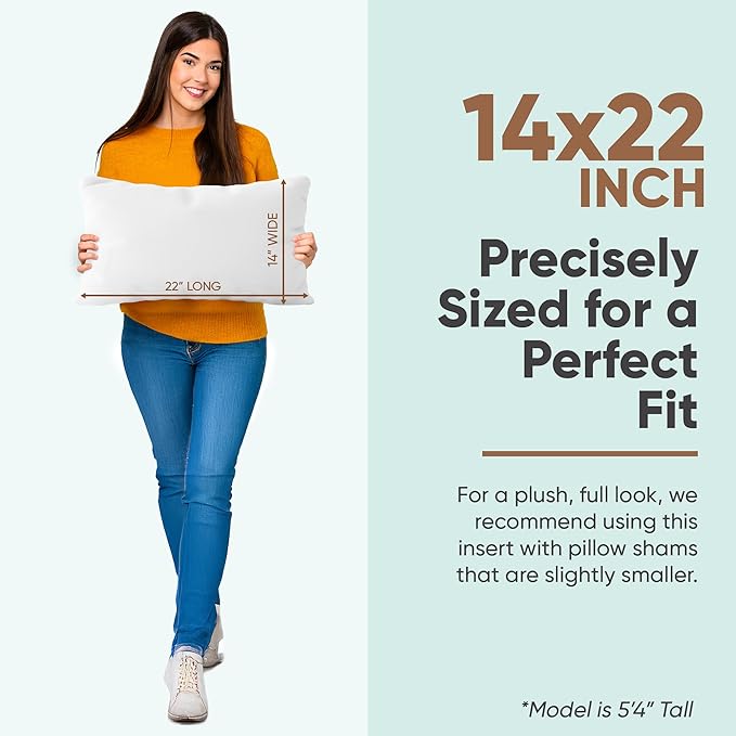 Pillowflex Synthetic Down Pillow Insert - 14x22 Down Alternative Pillow, Ultra Soft, Small Rectangle, Lumbar, Travel, Neck, Sleeping Pillow - 1 Decorative Pillow Form