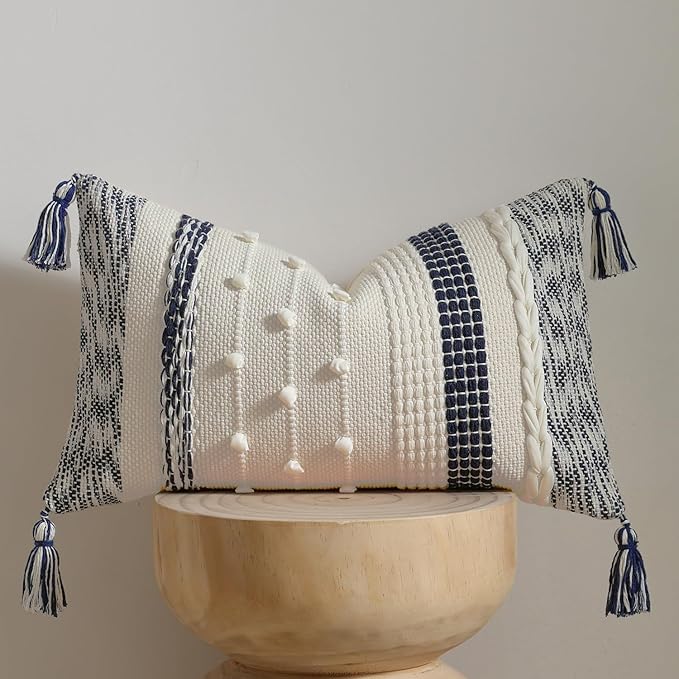DEZENE Boho Lumbar Pillow Cover 12x20 Navy Blue - Handmade Woven Textured Throw Pillow Case with Cordings & Tassels, Decorative Accent for Couch Sofa Bed Farmhouse Living Room Bedroom Home Decor