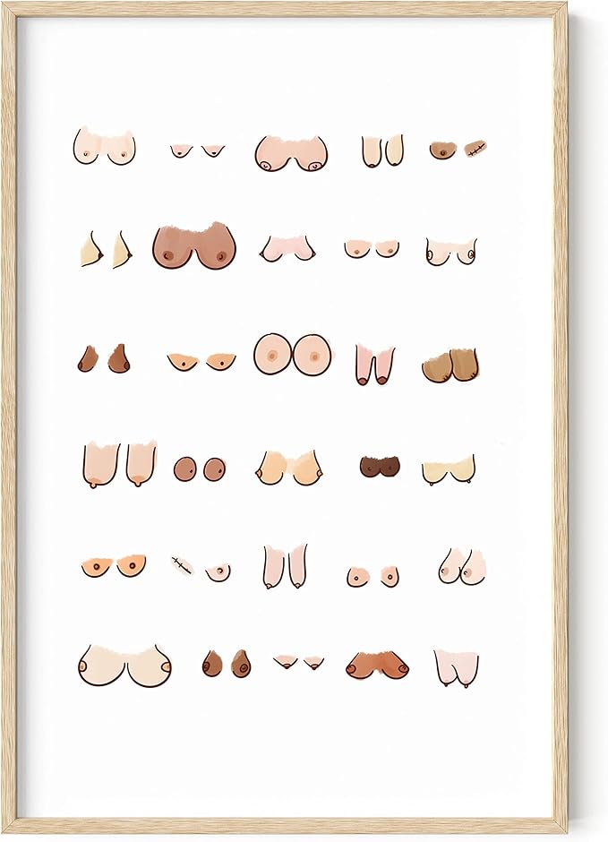 HAUS AND HUES Funny Bathroom Wall Art Decor Bathroom Prints Funny Restroom Art Posters Fun Boobs Poster Artwork For Walls (Beige Frame 24"x36")