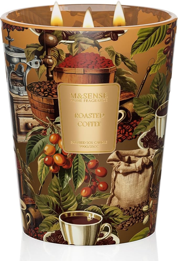 M&SENSE Roasted Coffee Soy Candle, 35oz 3-Wick, Coffee Lovers Latte Gifts | 150H Slow Burn, Non-Toxic, Large Jar, Cozy Kitchen Office Focus Home Fragrance, Stress Relief, Relaxation Housewwarming Gifts
