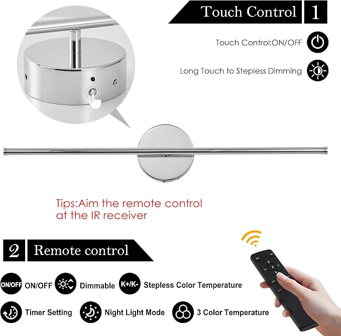 KARTOOSH Removable Battery Operated Wall Sconces with Remote Control 350°Rotate LED Wireless Wall Lights with 3 Color Temperatures & Dimming for Bedroom, Hallway, 28.3 Inch (2 Pack)