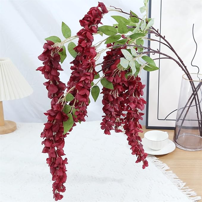 4pcs 47.2-inch Artificial Fake Wisteria Hanging Flower Garland Silk Flower String Home Party Decoration White Blue Pink Purple (Crimson)