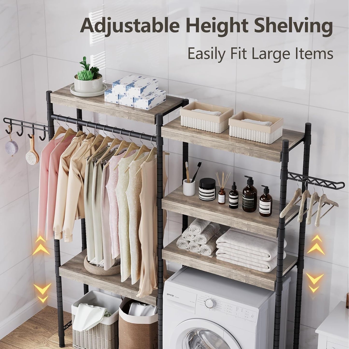 CABIHOME Heavy-Duty Laundry Shelf with Drying Racks | Space-Saving Adjustable Over-Washer Storage Organizer | 4-Tier Bathroom & Laundry Room Shelving Unit (Engineered Wood, 28")