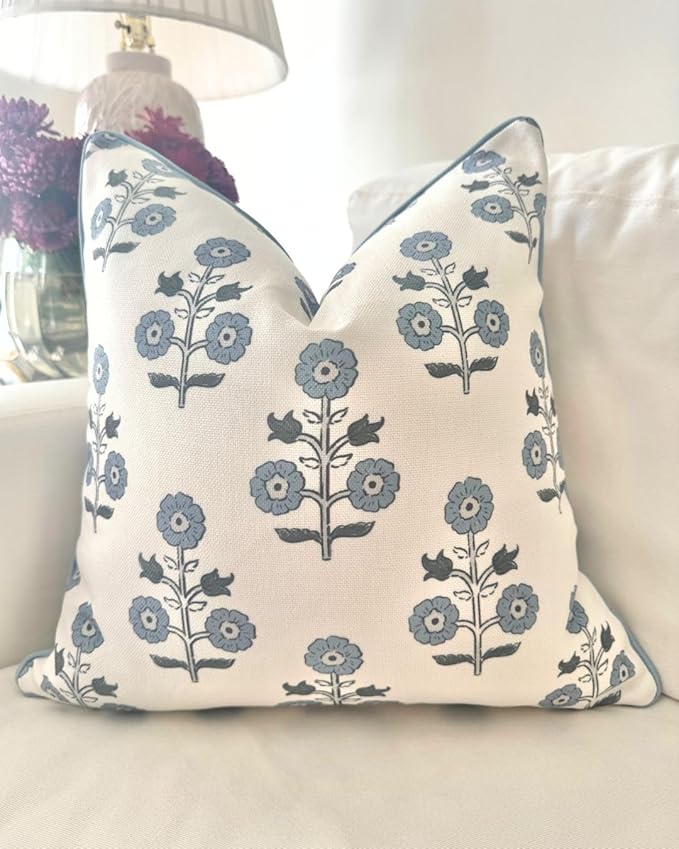 Jillien Harbor "The Stella” Floral Block Print Pillow Cover – Blue & White Decorative Throw Pillow Cover with White Background – Grandmillennial Home Decor, 20" x 20"