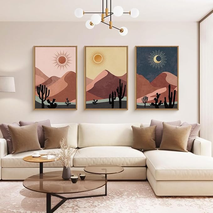HPNIUB Boho Desert Framed Canvas Wall Art Set, Abstract Sun and Moon Wall Decor, Modern Cactus Art Prints, Mid Century Southwestern Landscape Artwork for Living Room, Bedroom, Office-16''x24''x3