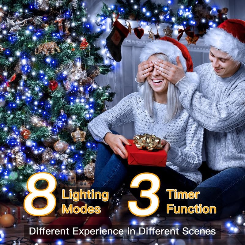 Ollny Christmas Lights, 500LED 164FT Long Christmas Tree Lights with 8 Modes Remote Timer IP44 Waterproof, Outdoor Christmas Lights for Tree House Yard Outside Xmas Decorations (Blue+White)