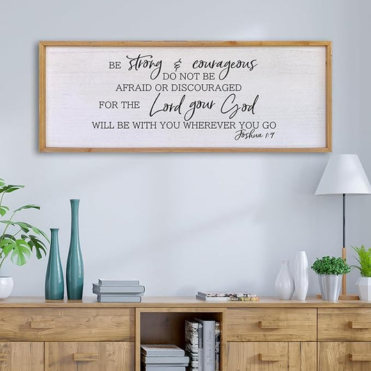 Be Strong And Courageous Sign Wall Decor 40"x15" Large Farmhouse Living Room Plaque Joshua 1:9 Bible Verse Inspirational Quote Positive Faith Home Hanging Rustic Catholic Scripture Christian Art (Wood)