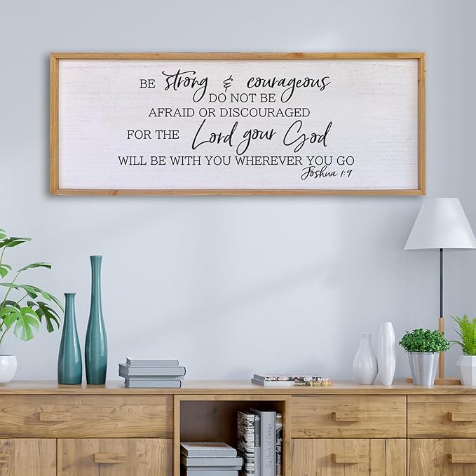 Be Strong And Courageous Sign Wall Decor 32"x12" Large Farmhouse Living Room Plaque Joshua 1:9 Bible Verse Inspirational Quote Positive Faith Home Hanging Rustic Catholic Scripture Christian Art (Wood)
