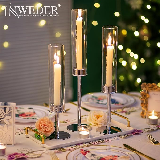 Hurricane Taper Candle Holders: Silver Glass Candlestick Holder Tall Candle Sticks Holder Decor with Glass Cover for Wedding Table Centerpiece Party Birthday Christmas Home Mantel Set of 6
