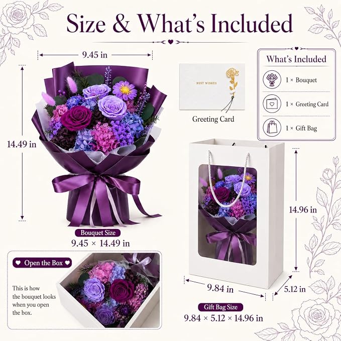 Preserved Purple Rose Bouquet, 100% Real Flowers for Women Mother Wife, Long-Lasting Eternal Roses with Gift Box, Forever Flowers for Anniversary Birthday Mother's Day, Lasts 3-5 Years