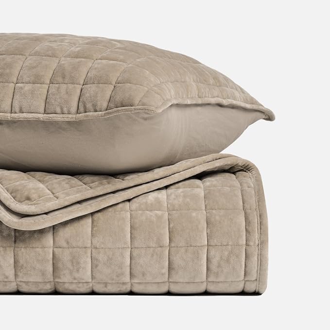 RECYCO Luxury Velvet Quilt Twin/Twin XL Size Bedding Set, Ultra Soft Velvet Comforter Set, Lightweight Quilted Channel Box Stitch Oversized Bedspread Coverlet for All Season, with 1 Sham, Urban Taupe