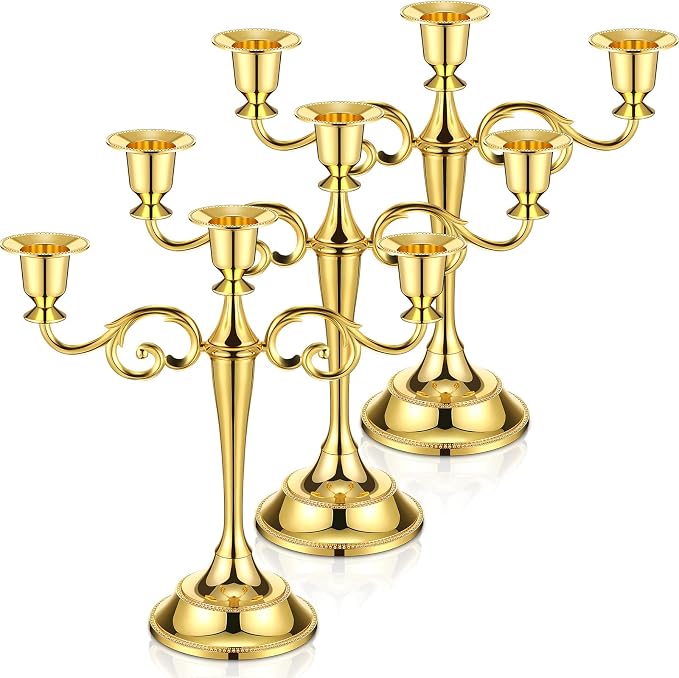 Dandat 3 Pcs 3 Arm Metal Candelabra Candlestick Holders Tall Candlestick Holders Gothic Candle Holder for Home Wedding Church Christmas Party(Classic,10 Inch,Gold)