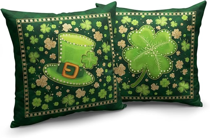 Pack of 2 St Patrick's Day Pillow Covers Gold Green Lucky Shamrock Throw Pillow Covers 16x16 Green Plaid Clover Hat Pillow Cases for Home Sofa Couch St Patrick Decor