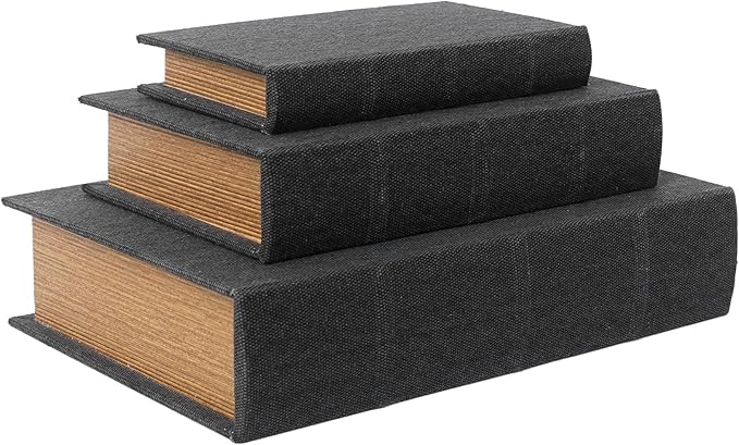 DECOR4SEASON Decorative Book Boxes Set of 3 – Modern Faux Linen & Wood Hidden Storage for Coffee Table – Stackable Fake Books for Shelf Decor, Remote Control & Jewelry Organizer (Black)
