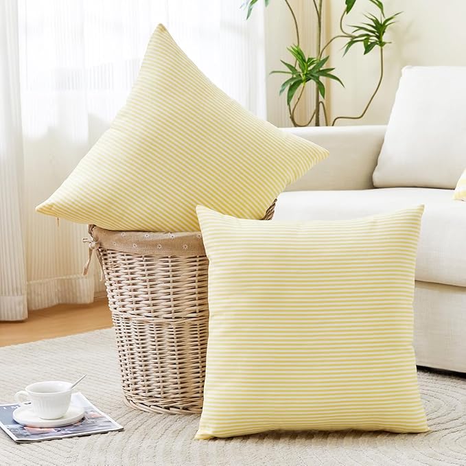 Yellow Striped Summer Outdoor Throw Pillow Covers 18x18 Set of 2, 18 x 18 Yellow and White Outdoor Throw Pillows, Modern Farmhouse Boho Decor Pillow Covers for Porch Patio (No Pillow Inserts)
