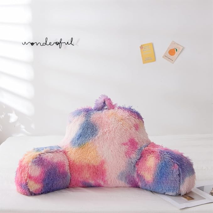 A Nice Night Faux Fur Reading Pillow Bed Wedge Large Adult Children Backrest with Arms Back Support for Sitting Up for Bedrest,PinkPurple