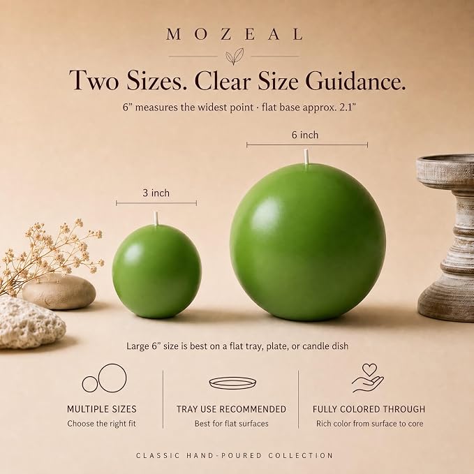 MOZEAL Hand-Poured, 3 Inch Lime Green Round Ball Candles - Elegant Lime Green Round Pillar Candles Set of 3, Dripless, Unscented, Smokeless, Ideal for Spring Celebrations.