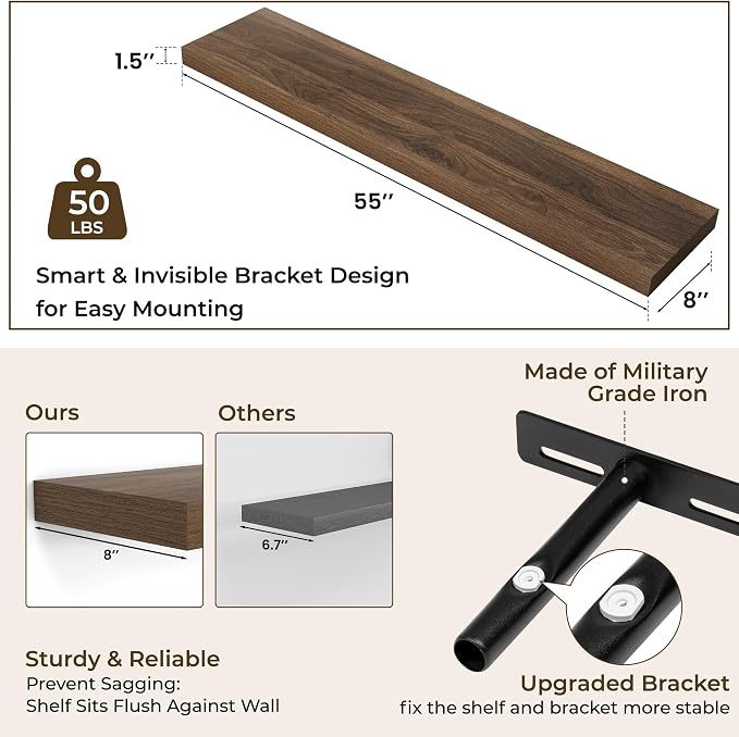 RICHFOCUS 55Inch Floating Shelves for Wall 2 Pack Shelves for Bedroom|Kitchen|Bathroom Wall Mounted Rustic Wood Floating Shelf with Invisible Brackets for Books|Storage|Decor, Walnut