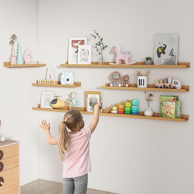 Picture Ledge Shelf, Floating Shelves Set of 2, 72 Inches Long Large Nursery Book Shelves for Toys Storage, Kids Bookshelf Wall Mounted for Living Room Bedroom Decor Books Photo Frames, Natural Oak