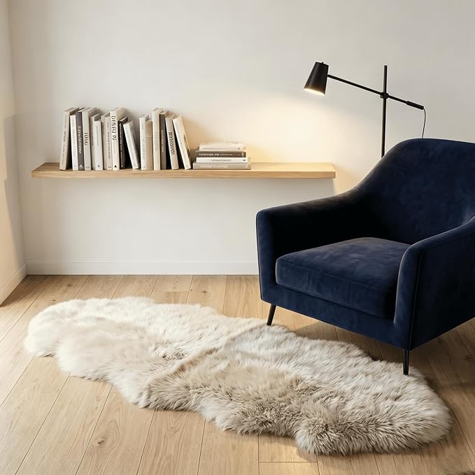 Fluffy Patchwork Sheepskin Rug with Little Patches, Fuzzy Shaggy Fur Genuine Wool Area Carpet for Bedroom Living Room Floor, Pray Pup Mat, Chair Sofa Seat Cover, Cream Brown, 2' x 6'