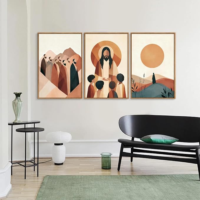 KYLESONLIE Large Jesus and Disciples Framed Canvas Wall Art Set, Boho Christian Bible Posters Wall Decor, Minimalist Religious Faith Art Paintings for Living Room Bedroom Dining Room Church 16"x24"x3