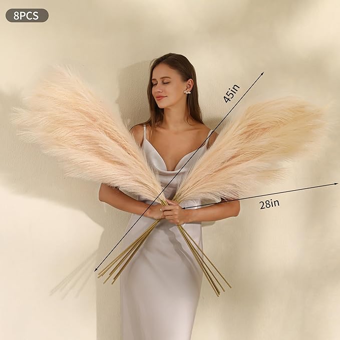 Wertuirk Champagne Faux Pampas Grass - 45-Inch Set of 8 | Boho Home Decor | Tall Artificial Pompas Floral Soft and Fluffy | Perfect for Wedding Centerpieces, Farmhouse and Baby Shower Decorations