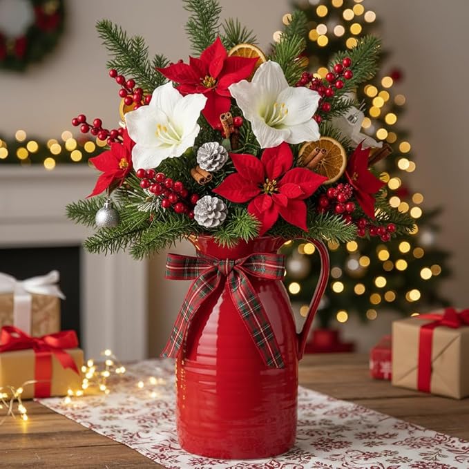 hjn hjn Farmhouse Pitcher Vase for Flowers- Ceramic Pitcher Vase Red Decorative Pitcher for Your Kitchen/Home Decor/Office/Living Room/Bookshelf/Mantel/-Red