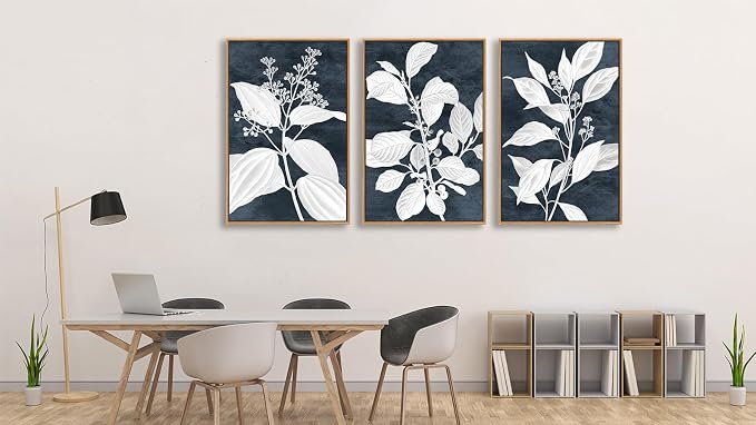 Large Botanical Wall Art for Living Room Natural Wood Float Framed Art Set of 3 White Plant Canvas Pictures Minimalist Artwork Indigo Canvas Prints for Bedroom Home Office Wall Decor 24"X36"X3