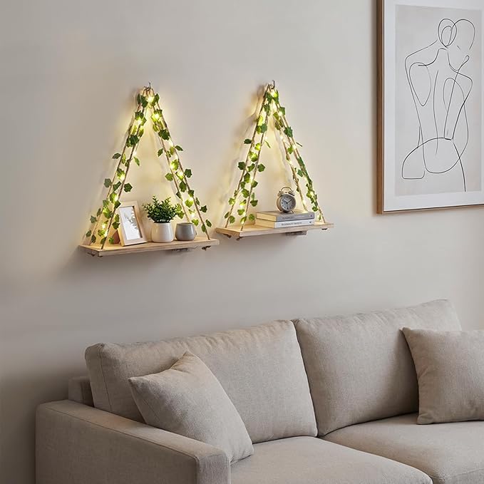 RICHER HOUSE Floating Shelves for Wall, Set of 2 Macrame Hanging Shelf with Artificial Ivy & LED Lights, Boho Room Decor for Bedroom Living Room