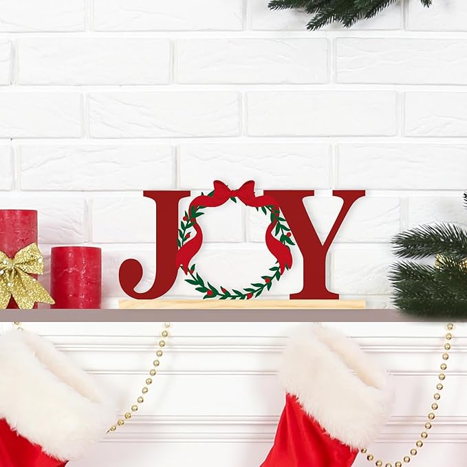 COCHIE Metal Merry Christmas Joy Sign, Christmas Wreath Table Centerpieces Decorations for Home, Office, Shelf, Mantel, Indoor, Xmas Red and Green Party Decor Supplies (XMAS B)