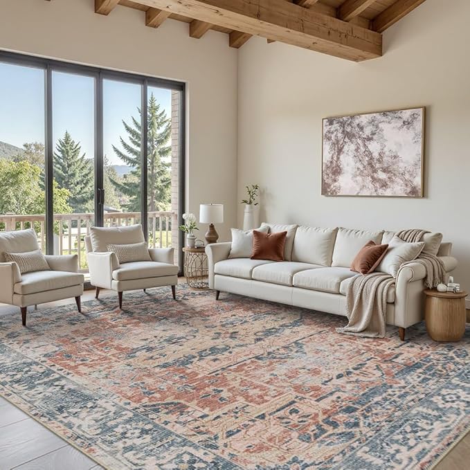 Rugxara 8x10 Area Rugs for Living Room Bedroom, Large Washable Rug, Coral Vintage Retro Boho Rug, Non Slip & Low Pile Faux Wool Thin Carpet for Indoor Dining Room, Kids Room(Coral Blue 8x10ft)