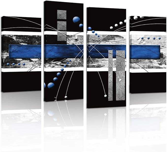 Modern Abstract Canvas Wall Art: Black and Blue Wall Decor - Grey White Decoration for Home Office, 4 Panels Poster Decorative Framed Print for Living Room Bedroom Ready to Hang