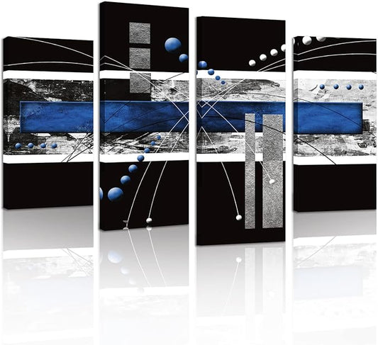 Modern Abstract Canvas Wall Art: Black and Blue Wall Decor - Grey White Decoration for Home Office, 4 Panels Poster Decorative Framed Print for Living Room Bedroom Ready to Hang