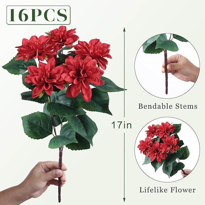 VIERENA 16 Bundles Artificial Dahlia Flowers for Outdoors Spring Summer Decor, No Fade Silk Flower Faux Dahlias Plant Arrangement for Home Garden Balcony Farmhouse（Red）