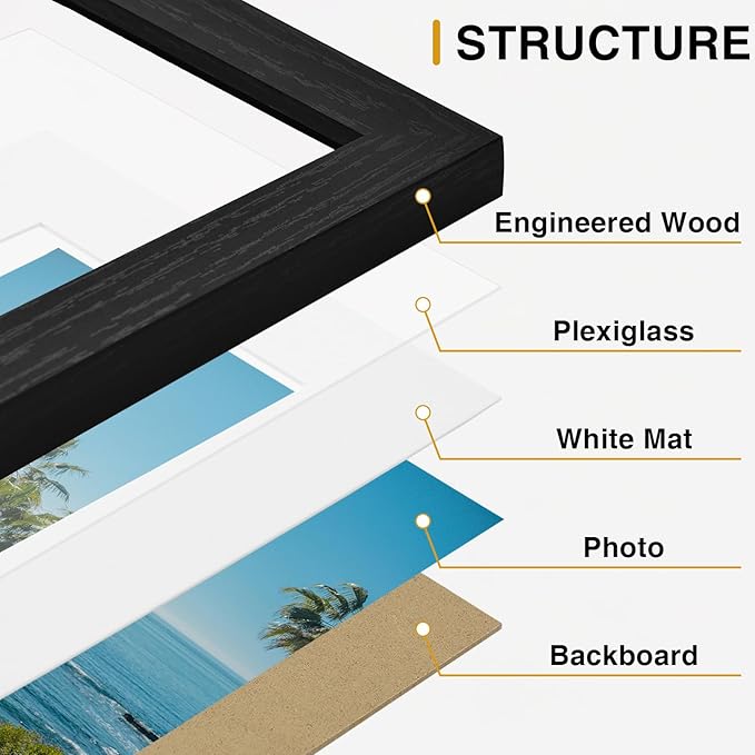 Vittanly 8x10 Picture Frames Set of 9, Shatter Resistant Plexiglass, Display 5x7 Pictures with Mat or 8x10 without Mat, Photo Frames for Wall or Tabletop, Engineered Wood, Black