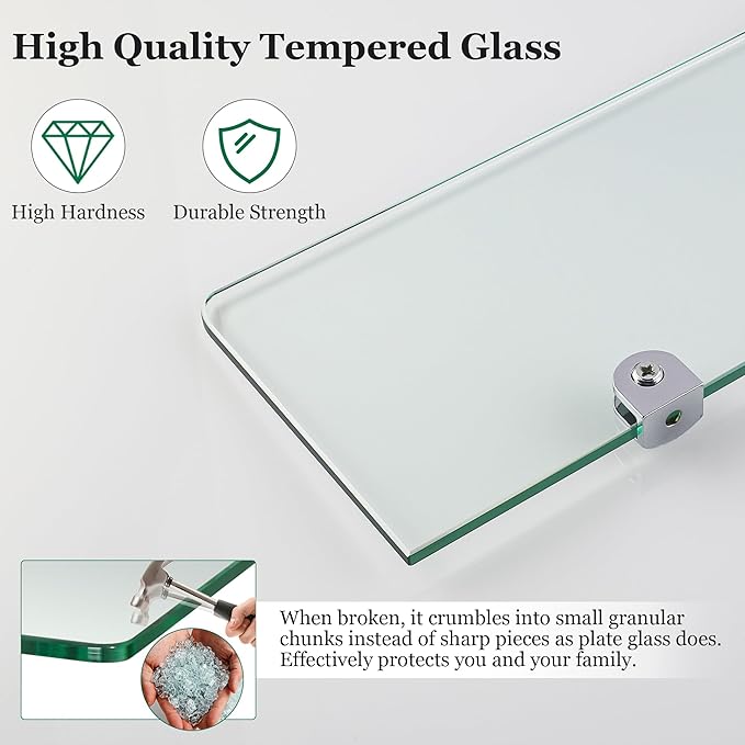 SAYAYO Glass Floating Shelves for Wall, Tempered Glass Shelves for Bathroom, Living Room, Bedroom, Office, Toilet, Kitchen Decor, 12 Inch Set of 2, Clear