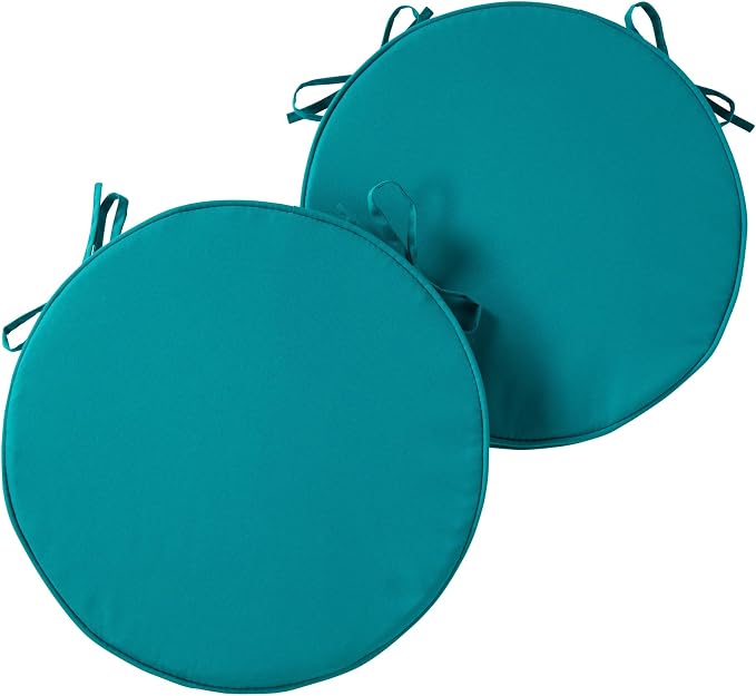 Set of 2 Outdoor 18 inch Round Patio Dining Chair Pads – Comfortable Fiber-Filled Seat Cushions with Ties, Reversible Polyester Fabric, Peacock