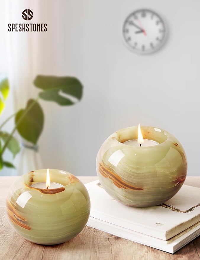 Marble Tealight Candle Holder 3.5 Inch Green Onyx Stone Votive Candle Holders for Tables Centerpieces Decor - Decorative Candles Holders for Wedding Gifts