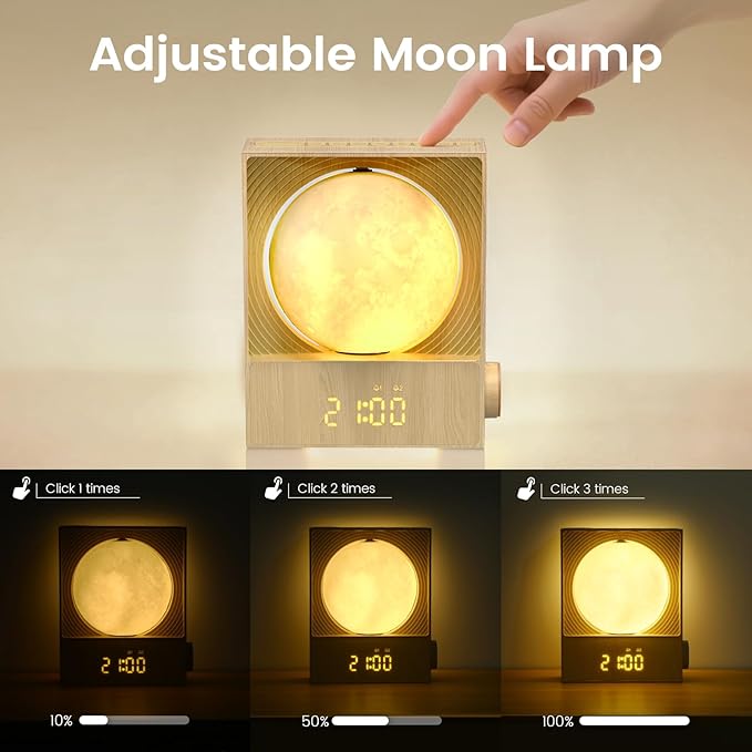 Sunrise Alarm Clock, 360-Degree Rotating Moonlight & 10 White Noise Sounds, Dual Alarm & Snooze for Heavy Sleeper, Timer, Wooden Bedroom Light Gift - Wood