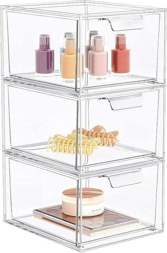 SpaceHacks 3 Pack Stackable Makeup Organizer and Storage, Acrylic Organizers，Clear Plastic Storage Drawer with Handles for Vanity, Undersink, Kitchen Cabinets, Pantry