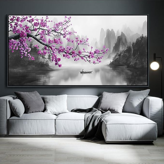 YDYSUNE Large Framed Purple Plum Blossom Wall Art, Black White Landscape Full Moon Floral Canvas Decor for Bedroom Living Room Office, 20"×40"